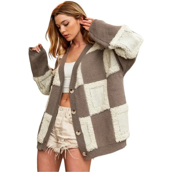 NWT Mocha Brown Combo Loop Edge Checkered V-Neck Sweater Cardigan - Picture 2 of 3